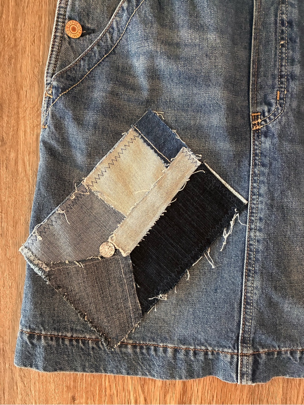 Upcycled Denim Overalls Skirt. Recycled Denim. Blessed. Large*. - Picture 7 of 10